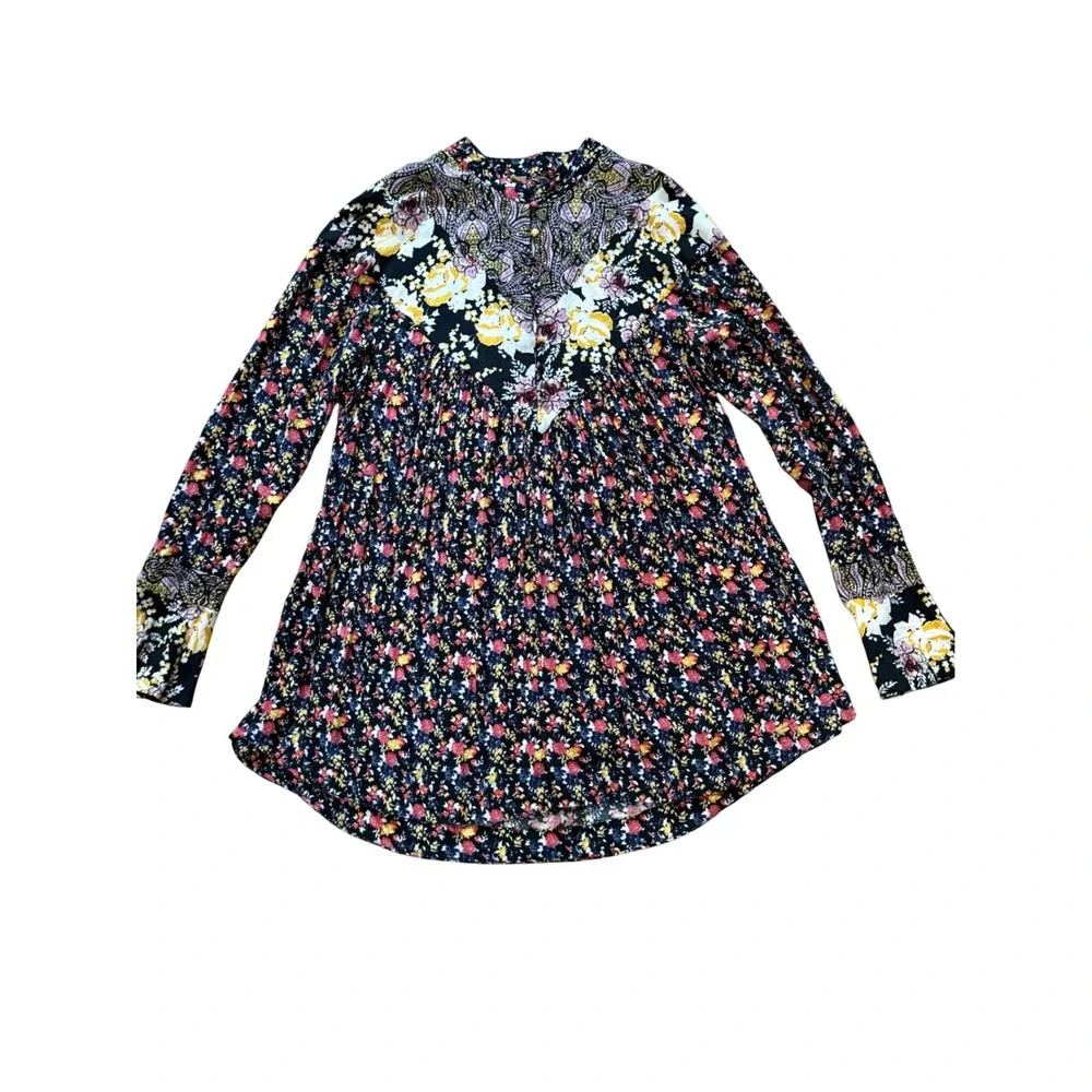 Free People Floral Paisley Mixed Print Tunic Top Bell Sleeve Boho Indie SZ Small